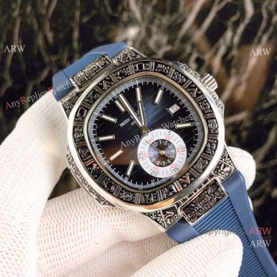 Fake Patek Philippe Nautilus Blue Rubber Strap Men Watch - Tattoo Case